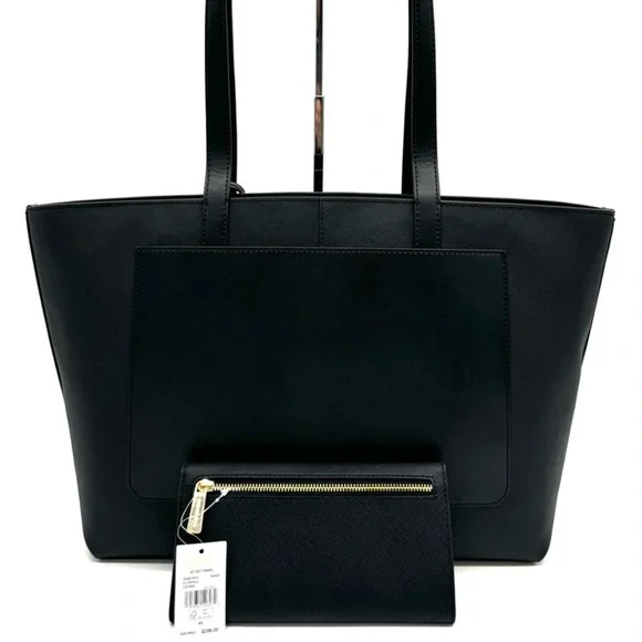 Michael Kors Medium Jet Set Travel Zip Tote Bag & Trifold Wallet Black/Gold